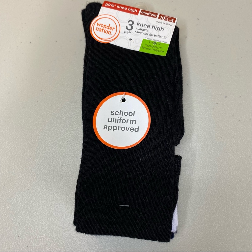 NEW Girls Knee High Socks 3 Pair Pack Black White Blue